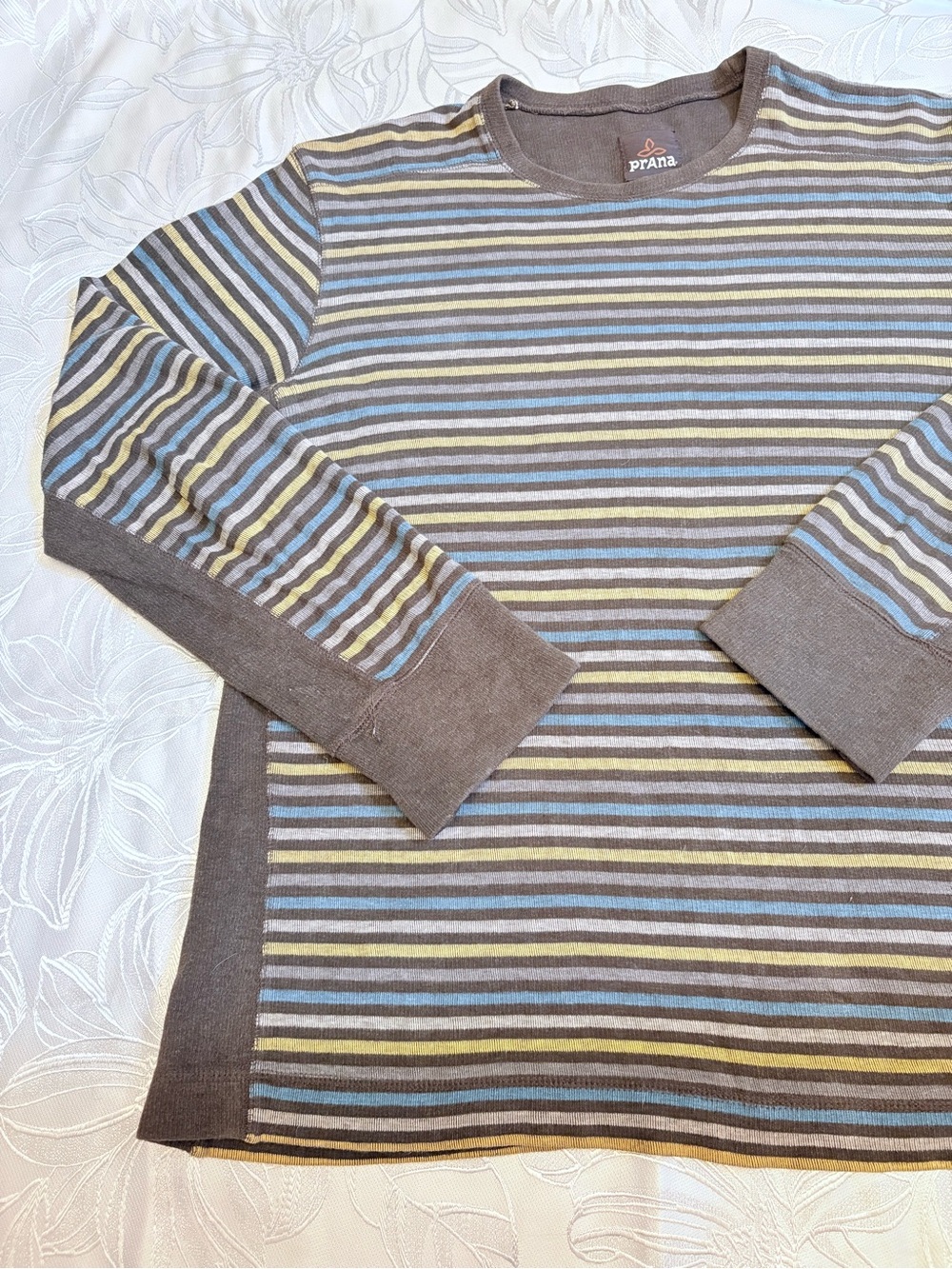 Prana Men's Brown Crewneck Sweater with Blue and Yellow Stripes - Large